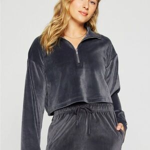Chic Charcoal Velour Half-Zip Top